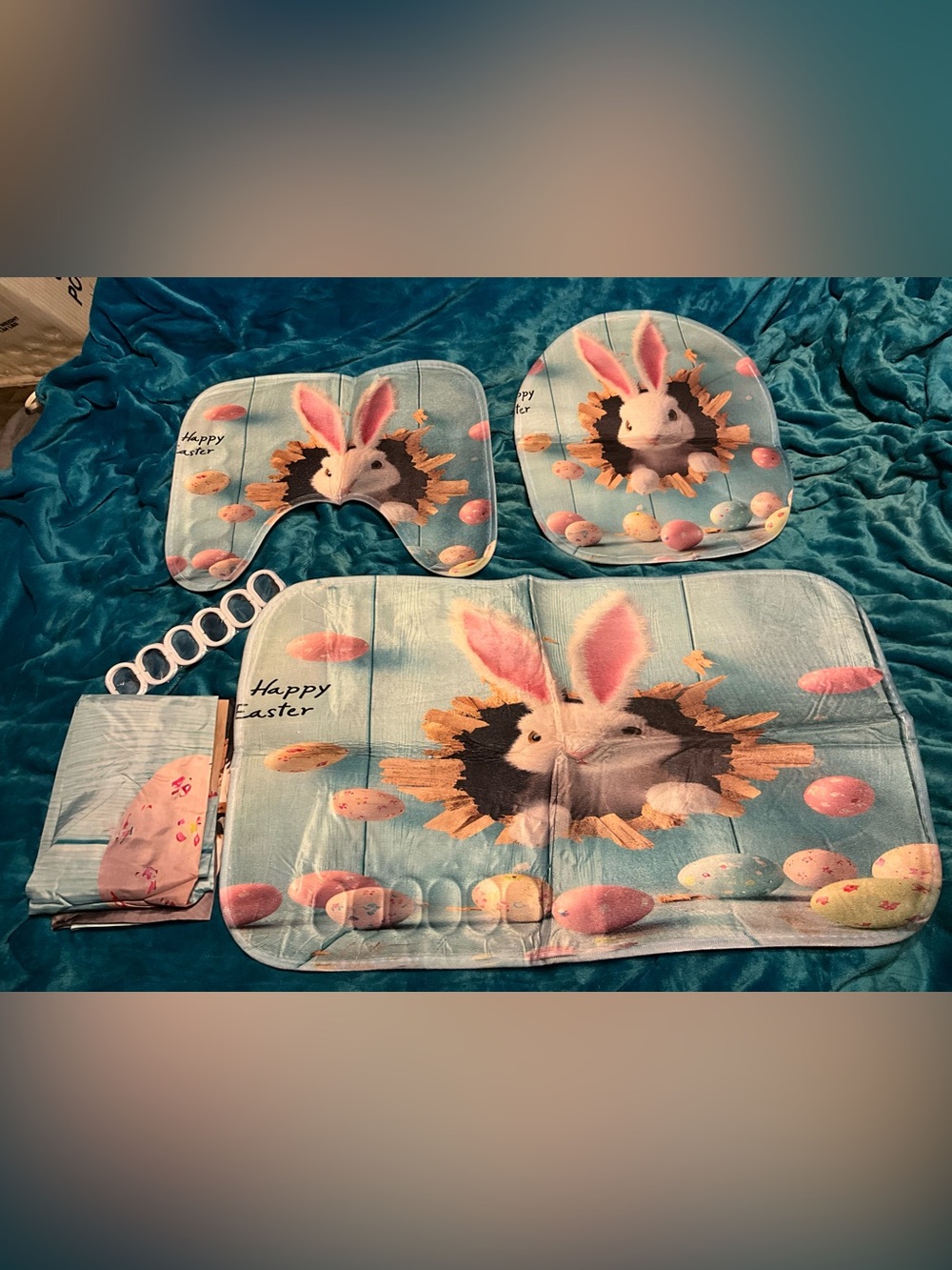 5pc NEW Easter Bunny Bathroom Mat Set Light Blue MATS,SHOWER CURTAIN SEAT COVER